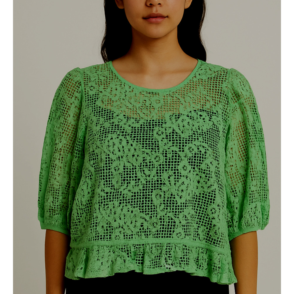 Future Collective Blouse Womens Size 1X Green Sheer Cropped Boxy Sexy Beachy